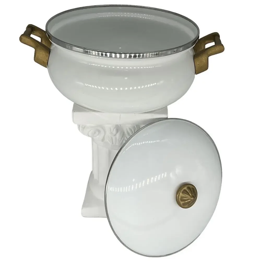 Tivoli Vintage White Enamelware Stock Pot with Lid | Brass Handles Retro Kitchen